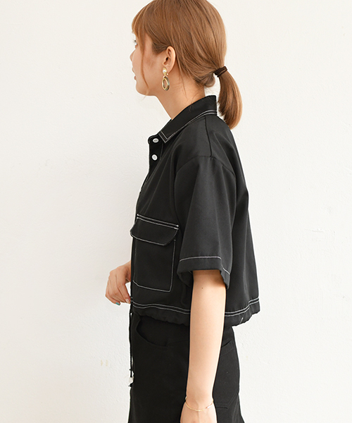 PairPair（ペアペア）の「配色ステッチポケット付きドロストシャツ（シャツ/ブラウス・レディース・ブラック/ベージュ・FREE）」の9枚目の写真