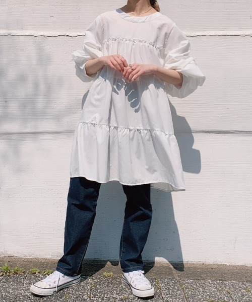 VANNIE U（ヴァニーユー）の「ティアードボリュームブラウスワンピース（ワンピース・レディース・ホワイト/ブラック/ミント・FREE）」の8枚目の写真