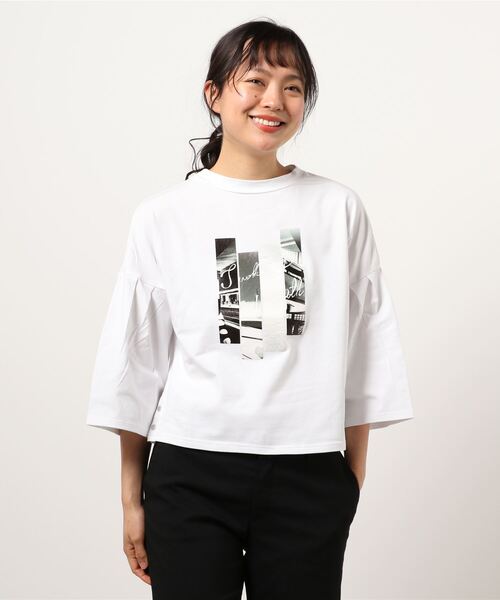 BDONNA（ビドンナ）の「スタンドカラー　プリントTシャツ（Tシャツ/カットソー・レディース・ライトグレー/ネイビー/ホワイト・MEDIUM）」の2枚目の写真