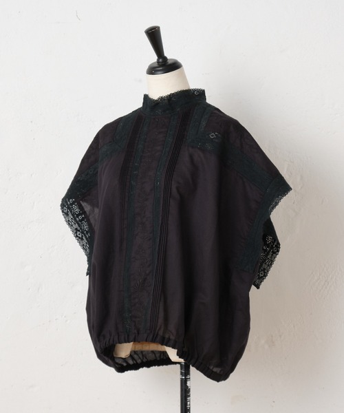 美品 ビアズリー レースフレンチブラウス 洗える リネン コットン ブラウン 茶 BEARDSLEY（ビアズリー）の「レースフレンチブラウス（シャツ