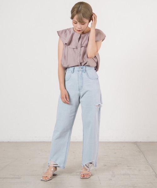 DuKKah（デュカ）の「dukkah/【低身長向け】クラッシュストレートパンツ（デニムパンツ・レディース・ブラック/ライトインディゴブルー・X-SMALL）」の6枚目の写真