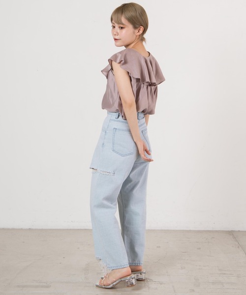 DuKKah（デュカ）の「dukkah/【低身長向け】クラッシュストレートパンツ（デニムパンツ・レディース・ブラック/ライトインディゴブルー・X-SMALL）」の7枚目の写真