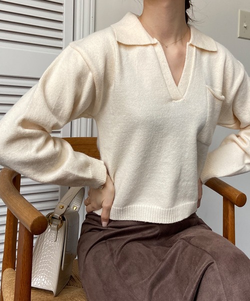 RomaRo ベージュ Vネック セーター 【洗える/S-LL】お顔周りすっきり