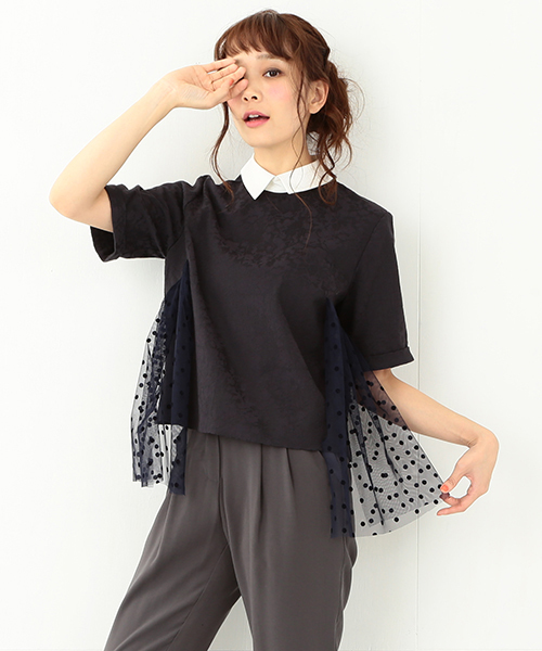 CAROLINA GLASER（カロリナ グレイサー）の「CAROLINA GLASER / ジャカードチュール トップス（シャツ/ブラウス・レディース・クリーム/ネイビー・ONE SIZE）」の2枚目の写真