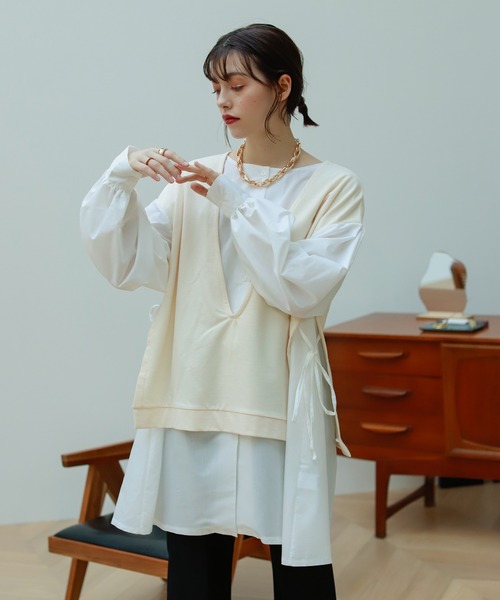 Birthday room（バースデイルーム）の「異素材切り替えカットソー（Tシャツ/カットソー・レディース・ブラック/カーキ/アイボリー・FREE）」の2枚目の写真