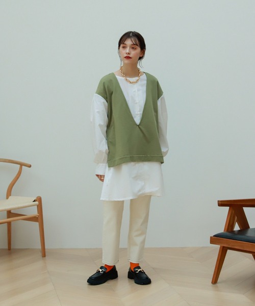 Birthday room（バースデイルーム）の「異素材切り替えカットソー（Tシャツ/カットソー・レディース・ブラック/カーキ/アイボリー・FREE）」の6枚目の写真