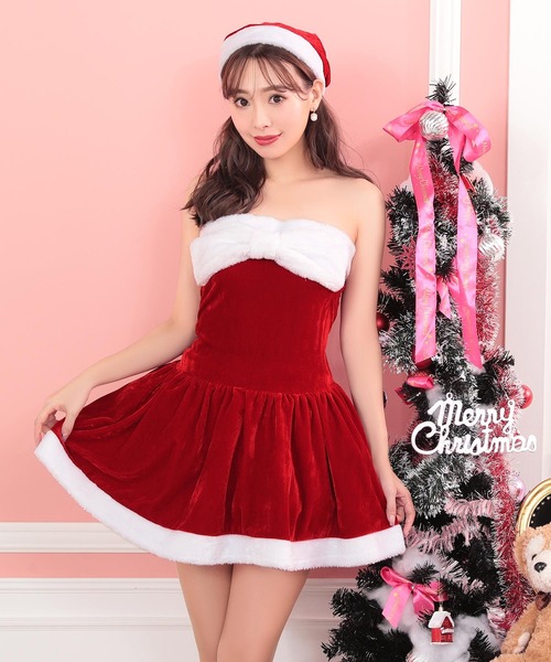 Tika(ティカ)の「サンタ コスプレ セクシー もこもこ リボン ノースリーブ ベアトップ フレア ミニ ワンピース 3点セット かわいい クリスマス コスチューム サンタコス(コスチューム/パーティーグッズ・レディース・レッド・M/L/XL)」の2枚目の写真