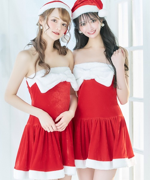 Tika(ティカ)の「サンタ コスプレ セクシー もこもこ リボン ノースリーブ ベアトップ フレア ミニ ワンピース 3点セット かわいい クリスマス コスチューム サンタコス(コスチューム/パーティーグッズ・レディース・レッド・M/L/XL)」の8枚目の写真