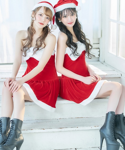 Tika(ティカ)の「サンタ コスプレ セクシー もこもこ リボン ノースリーブ ベアトップ フレア ミニ ワンピース 3点セット かわいい クリスマス コスチューム サンタコス(コスチューム/パーティーグッズ・レディース・レッド・M/L/XL)」の9枚目の写真