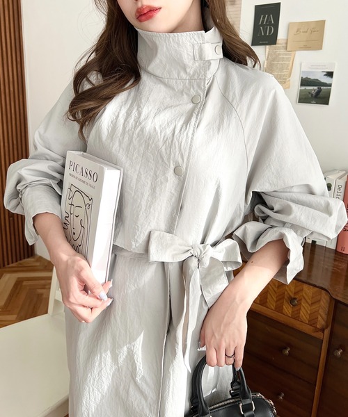 セール】ナイロン スタンドカラーケープデザインロングコート（ステン