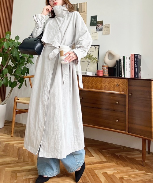 セール】ナイロン スタンドカラーケープデザインロングコート（ステン