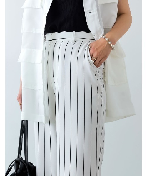 ホワイト サイドストライプパンツ ストレッチツイル サイドライン ハイウエストワイドパンツ（12-52PK01