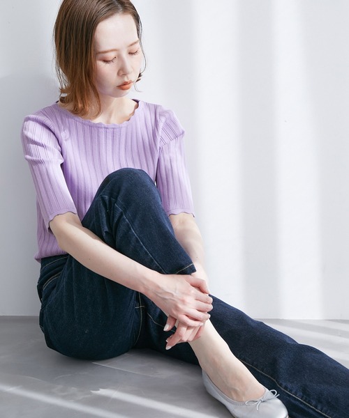 ROPE' PICNIC（ロペピクニック）の「Beauty knit/スカラップネックハーフスリーブニットプルオーバー（ニット/セーター・レディース・ブラック/オフホワイト/ブラウン/グリーン系その他/ラベンダー・38）」の17枚目の写真