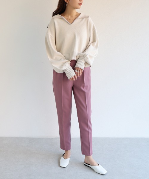 andme（アンドミー）の「長袖ライン入りキーネックニット（ニット/セーター・レディース・ホワイト×グリーン/ホワイト×ブラック/ベージュ系その他・M）」の4枚目の写真