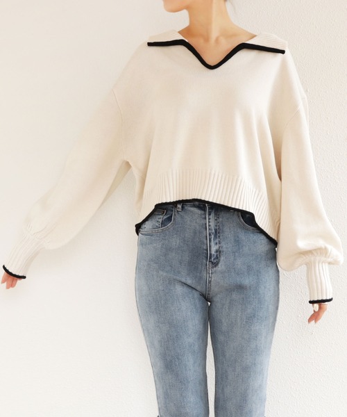 andme（アンドミー）の「長袖ライン入りキーネックニット（ニット/セーター・レディース・ホワイト×グリーン/ホワイト×ブラック/ベージュ系その他・M）」の9枚目の写真