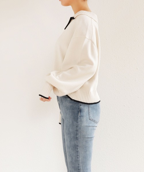 andme（アンドミー）の「長袖ライン入りキーネックニット（ニット/セーター・レディース・ホワイト×グリーン/ホワイト×ブラック/ベージュ系その他・M）」の10枚目の写真