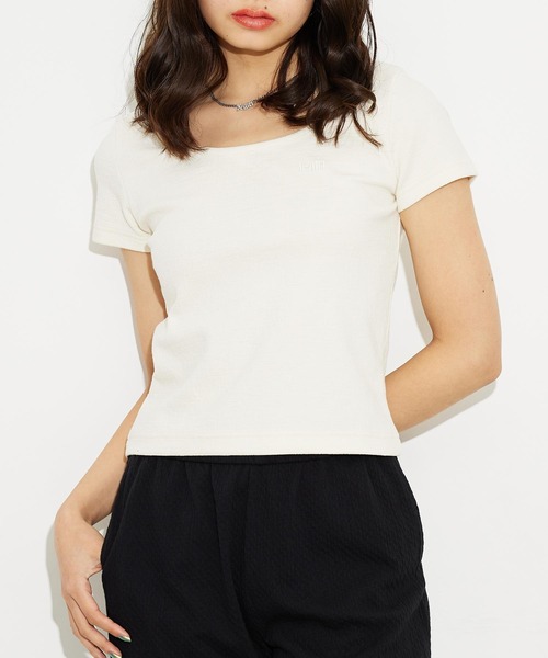 X-girl（エックスガール）の「CROSS JACQUARD S/S TOP（Tシャツ/カットソー・レディース・ダークグリーン/ホワイト/ブラック・M/S）」の2枚目の写真