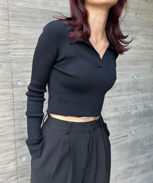 FIG&VIPER(フィグアンドバイパー)の「スキッパーポロニット(ポロシャツ・レディース・ブラック/ダークブルー/マルチ・FREE)」の11枚目の写真