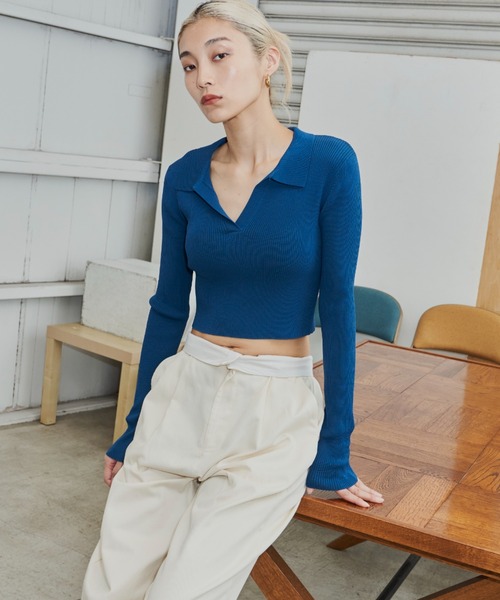 FIG&VIPER(フィグアンドバイパー)の「スキッパーポロニット(ポロシャツ・レディース・ブラック/ダークブルー/マルチ・FREE)」の8枚目の写真