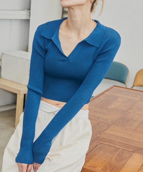 FIG&VIPER(フィグアンドバイパー)の「スキッパーポロニット(ポロシャツ・レディース・ブラック/ダークブルー/マルチ・FREE)」の9枚目の写真