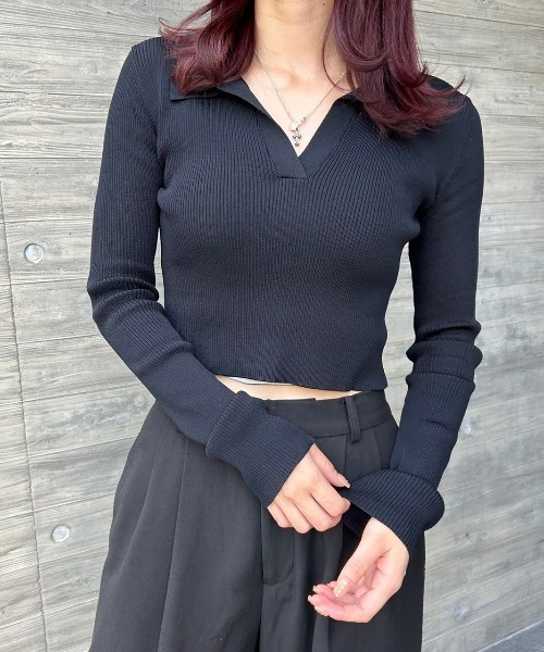 FIG&VIPER(フィグアンドバイパー)の「スキッパーポロニット(ポロシャツ・レディース・ブラック/ダークブルー/マルチ・FREE)」の12枚目の写真