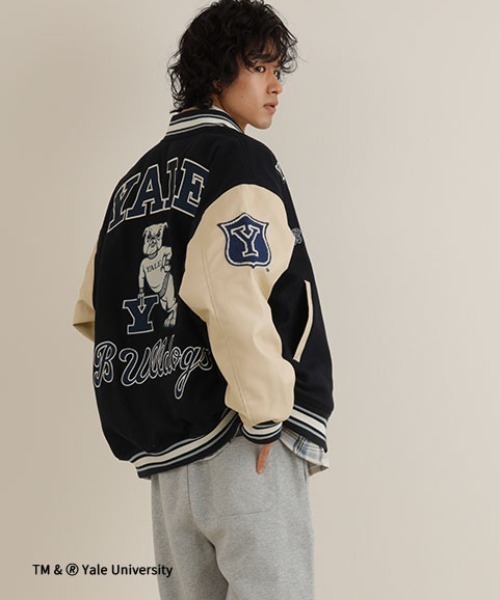 JEANS FACTORY （ジーンズファクトリー）の「【men's FUDGE1月号掲載】[Jeans Factory Clothes/ジーンズファクトリークローズ] YALE カレッジロゴワッペンスタジャン（スタジャン・レディース・ブラック/ネイビー・L/S/M）」の2枚目の写真