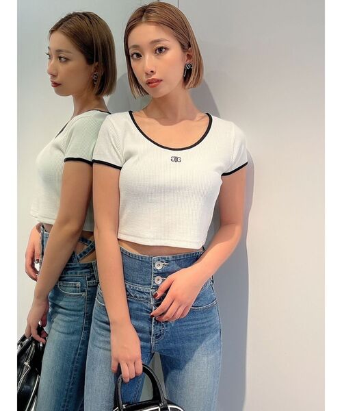 GYDA（ジェイダ）の「Symmetry GYDA リンガーテレコ Tシャツ（Tシャツ/カットソー・レディース・ブラック/オフホワイト/オレンジ・FREE）」の2枚目の写真