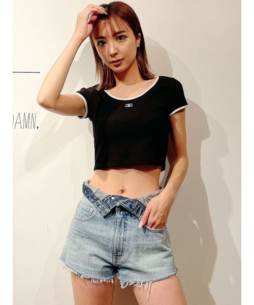 GYDA（ジェイダ）の「Symmetry GYDA リンガーテレコ Tシャツ（Tシャツ/カットソー・レディース・ブラック/オフホワイト/オレンジ・FREE）」の3枚目の写真