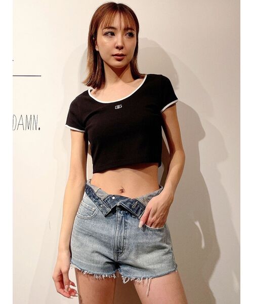 GYDA（ジェイダ）の「Symmetry GYDA リンガーテレコ Tシャツ（Tシャツ/カットソー・レディース・ブラック/オフホワイト/オレンジ・FREE）」の8枚目の写真