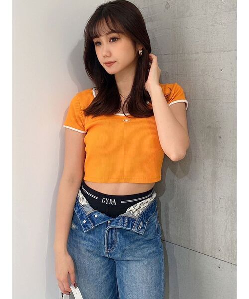 GYDA（ジェイダ）の「Symmetry GYDA リンガーテレコ Tシャツ（Tシャツ/カットソー・レディース・ブラック/オフホワイト/オレンジ・FREE）」の6枚目の写真