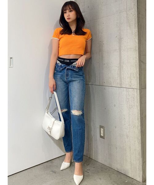 GYDA（ジェイダ）の「Symmetry GYDA リンガーテレコ Tシャツ（Tシャツ/カットソー・レディース・ブラック/オフホワイト/オレンジ・FREE）」の9枚目の写真