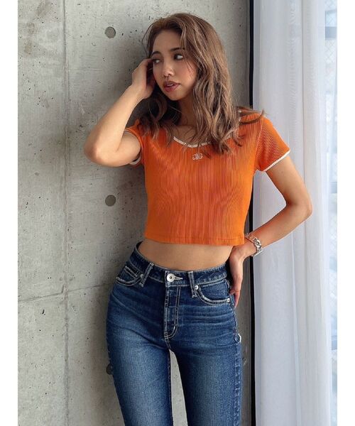 GYDA（ジェイダ）の「Symmetry GYDA リンガーテレコ Tシャツ（Tシャツ/カットソー・レディース・ブラック/オフホワイト/オレンジ・FREE）」の16枚目の写真