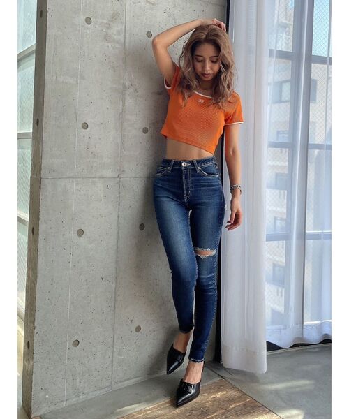 GYDA（ジェイダ）の「Symmetry GYDA リンガーテレコ Tシャツ（Tシャツ/カットソー・レディース・ブラック/オフホワイト/オレンジ・FREE）」の19枚目の写真