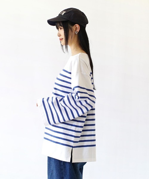 zootie(ズーティー)の「【水と油分を弾いて汚れにくい!】シミヘン加工 フレンチバスク オーバーサイズカットソー(Tシャツ/カットソー・レディース・ホワイト×ブルー/ホワイト×レッド/ホワイト×グレー/ホワイト×ブラック/ブルー系その他/イエロー系その他2/ネイビー系1/ベージュ系その他/ネイビー×ホワイト・フリー)」の20枚目の写真