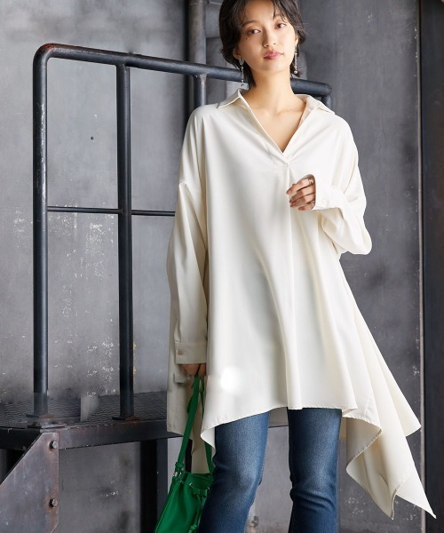Soiunique（スワユニーク）の「裾変形ゆったりスキッパーチュニック ［Soiunique］（シャツ/ブラウス・レディース・アイボリー/カーキ/ブラック・FREE）」の6枚目の写真