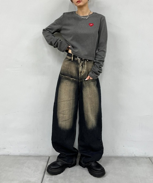 WHO'S WHO gallery（フーズフーギャラリー）の「【SLOPPY/スロッピー】SLOPPYハートワッペンピグメントトップス（Tシャツ/カットソー・レディース・カーキ/ブルー/ブラウン/グレー/チャコールグレー/ライトグレー/オフホワイト/グレー系その他・FREE）」の11枚目の写真