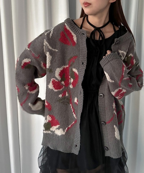 soie by apres jour mignon（ソワバイアプレジュールミニョン）の「【soie by apres jour mignon】花柄ジャガード起毛カーディガンZOZOTOWN限定アイテム】（カーディガン/ボレロ・レディース・ブラック/グレー・フリー）」の10枚目の写真