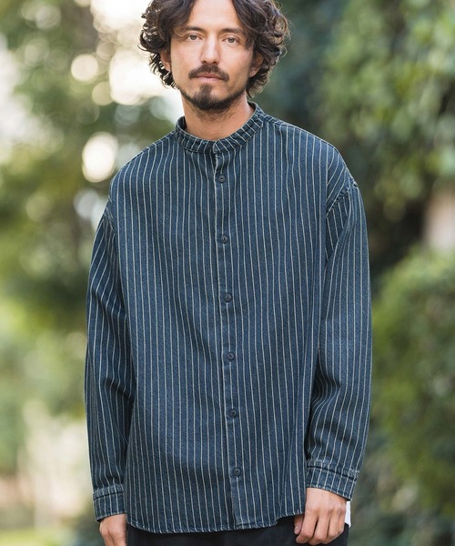 CAMBIO（カンビオ）の「ms5521-Stripe Denim Chemical Wash Band Collar Shirts シャツ（シャツ/ブラウス・メンズ・ブルー/ブラック/ネイビー・M/S/L）」の3枚目の写真