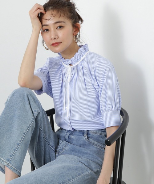 N.（N. Natural Beauty Basic）（エヌエヌナチュラルビューティーベーシック）の「◆フリルネックバイカラーリボンブラウス（シャツ/ブラウス・レディース・ブルー系その他/オフホワイト/グレー系その他・MEDIUM）」の15枚目の写真