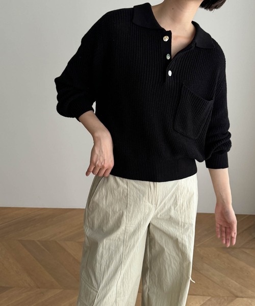 CANAL JEAN（キャナルジーン）の「RED CHOP WORKS　ポロニット（ニット/セーター・レディース・ブラック/ベージュ/キナリ・ONE SIZE）」の3枚目の写真