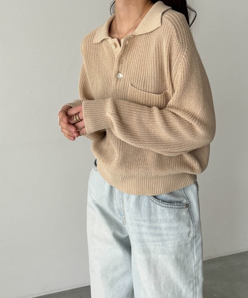 CANAL JEAN（キャナルジーン）の「RED CHOP WORKS　ポロニット（ニット/セーター・レディース・ブラック/ベージュ/キナリ・ONE SIZE）」の7枚目の写真