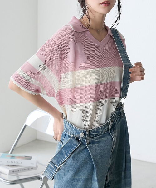 forksy.(フォルクシー)の「【forksy.】フラワーボーダーオープンカラー半袖ニットプルオーバー(ニット/セーター・レディース・ピンク/ネイビー/アイボリー・FREE)」の3枚目の写真