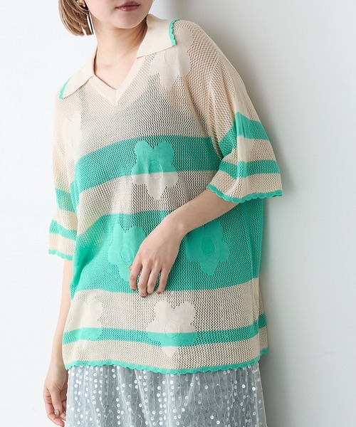 forksy.(フォルクシー)の「【forksy.】フラワーボーダーオープンカラー半袖ニットプルオーバー(ニット/セーター・レディース・ピンク/ネイビー/アイボリー・FREE)」の2枚目の写真