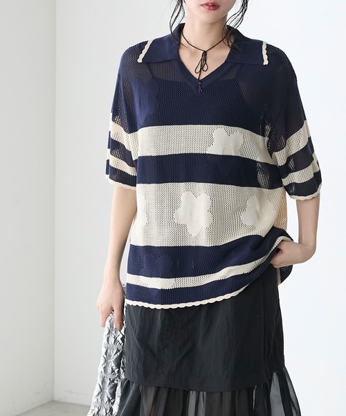 forksy.(フォルクシー)の「【forksy.】フラワーボーダーオープンカラー半袖ニットプルオーバー(ニット/セーター・レディース・ピンク/ネイビー/アイボリー・FREE)」の4枚目の写真