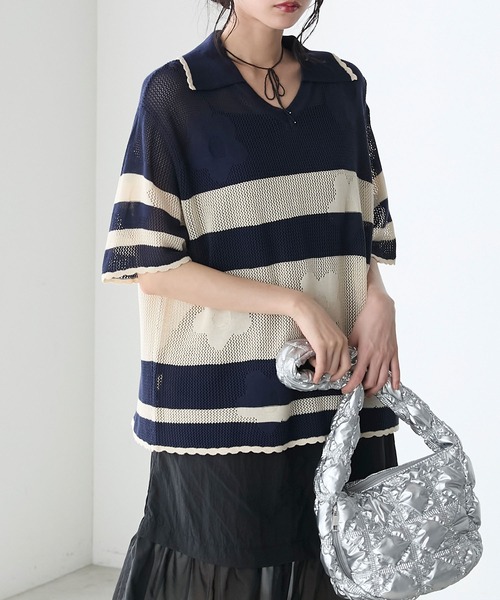 forksy.(フォルクシー)の「【forksy.】フラワーボーダーオープンカラー半袖ニットプルオーバー(ニット/セーター・レディース・ピンク/ネイビー/アイボリー・FREE)」の5枚目の写真