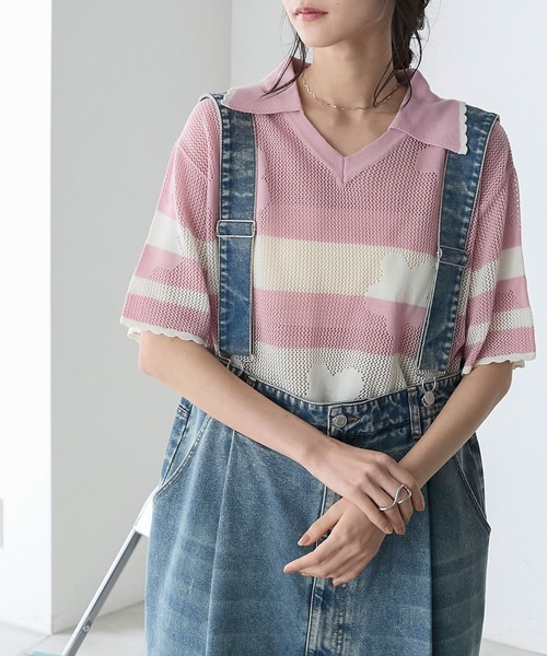 forksy.(フォルクシー)の「【forksy.】フラワーボーダーオープンカラー半袖ニットプルオーバー(ニット/セーター・レディース・ピンク/ネイビー/アイボリー・FREE)」の11枚目の写真