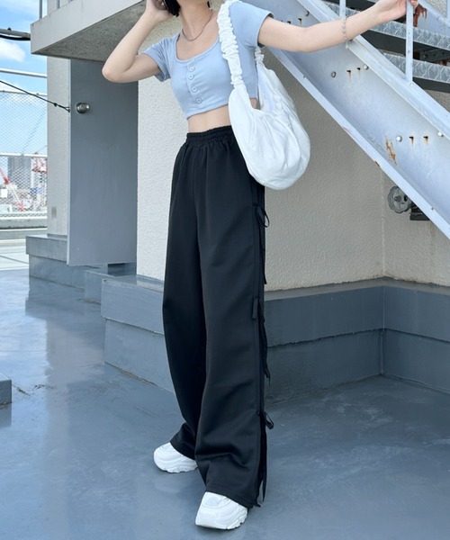 CLEA(クレア)の「サイドリボンワイドスウェットパンツ(スウェットパンツ・レディース・グレー/ブラック/ピンク・FREE)」の12枚目の写真