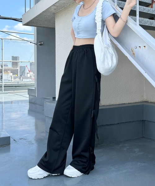 CLEA(クレア)の「サイドリボンワイドスウェットパンツ(スウェットパンツ・レディース・グレー/ブラック/ピンク・FREE)」の13枚目の写真