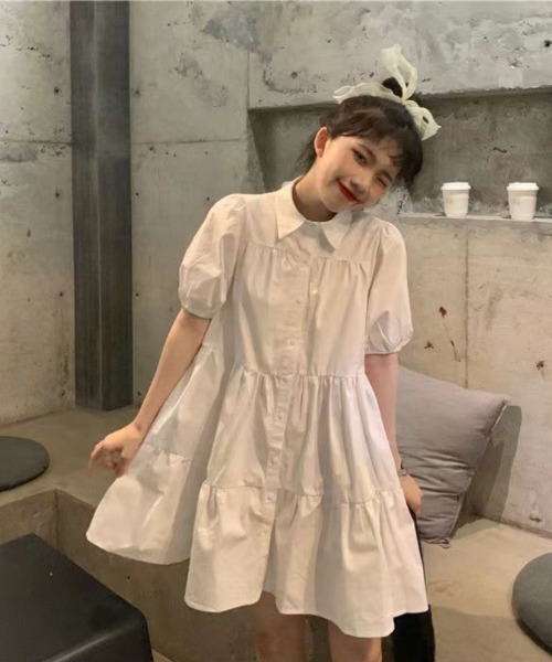 おしゃれスタ（オシャレスタ）の「ミニ丈パフスリーブシャツワンピ