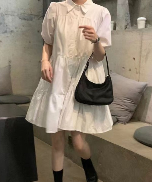 おしゃれスタ（オシャレスタ）の「ミニ丈パフスリーブシャツワンピ